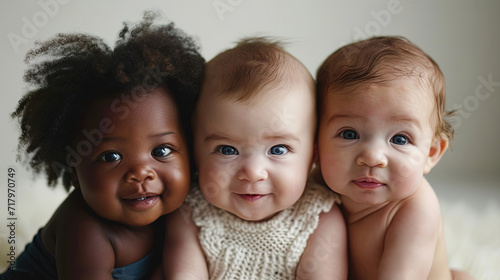 Charming diverse little children against white backdrop, gazes confidently into the camera, smiles. Childhood innocence and diversity, happy children photo