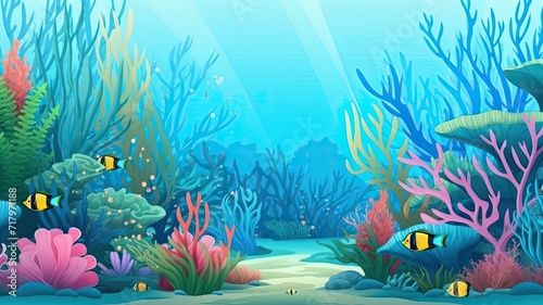 cartoon illustration of Underwater Oasis, coral, seaweed, and small fish swimming amidst the serene blue waters.