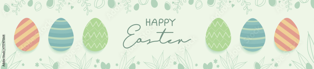 Horizontal Happy Easter Banner. Trendy Easter design in pastel colors. Modern minimal style with hand drawn leaves, eggs and plants. Great for invitations, greeting cards and advertising. Vector