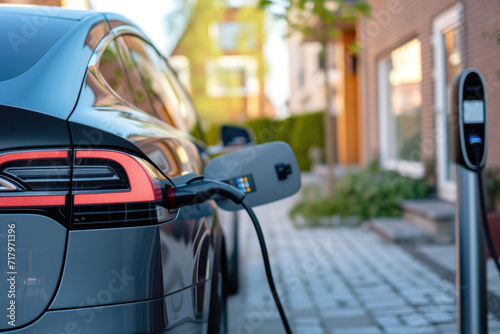 Close-up of an electric car. An EV hybrid car is charged from a wall box near the house.