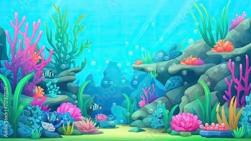 cartoon illustration of Underwater Oasis, coral, seaweed, and small fish swimming amidst the serene blue waters.