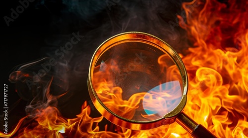 Specialized Magnifying glass Scientific Tool in fire flying on the black background. Horizontal Illustration. Research Equipment. Ai Generated Illustration with Magnifying glass Scientific Tool.