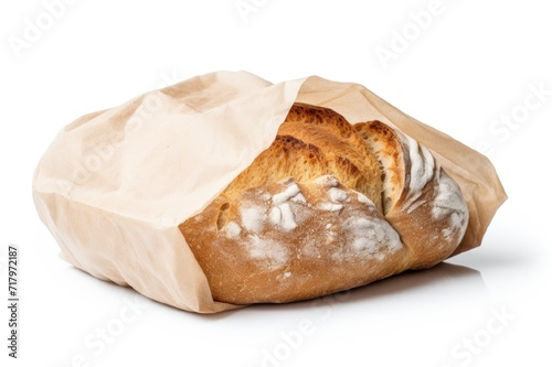 bread in a bag on white background paper baking bag round loaf bread in flour