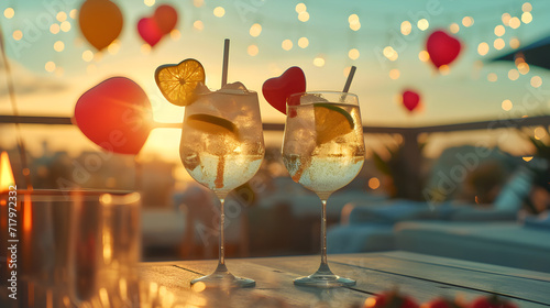 Cinematic photograph of two gin tonic sparkling cocktail with lime in a beach rooftop. Heart shaped balloons and confeti. Valentines. Love