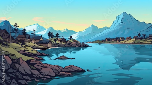 cartoon illustration coastal village nestled amidst lush greenery, with majestic mountains in the background under a clear sky.