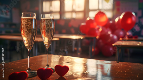 Cinematic photograph of two glasses of champagne at a highschool classroom. Heart shaped balloons and confeti. Valentines. Love