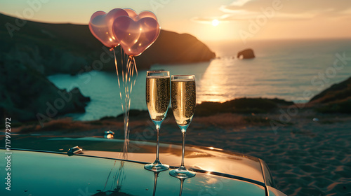 Cinematic photograph of two glasses of champagne on the hood of an old classic car. sunset. Hills. Mountains. Beach. Heart shaped balloons and confeti. Valentines. Love