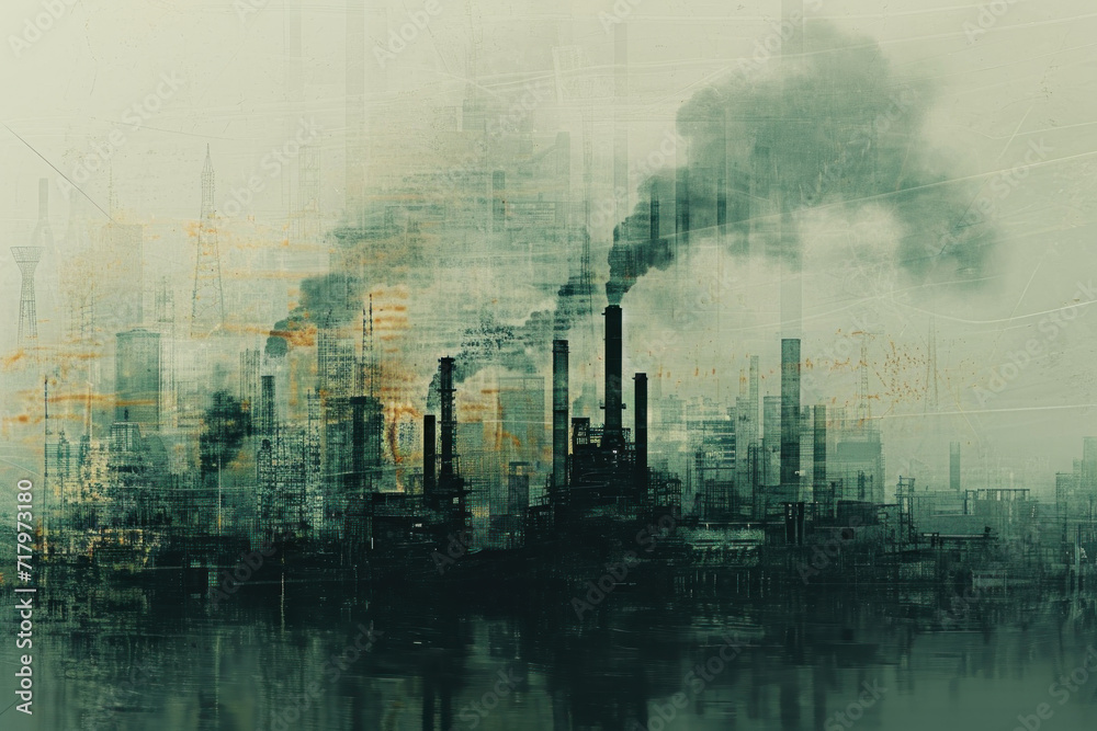 Artistic depiction of industrial smokestacks emitting pollution, symbolizing environmental concerns and decay.
