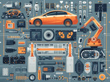 Detailed illustration showing an exploded view of an electric vehicle and its various parts and components.
