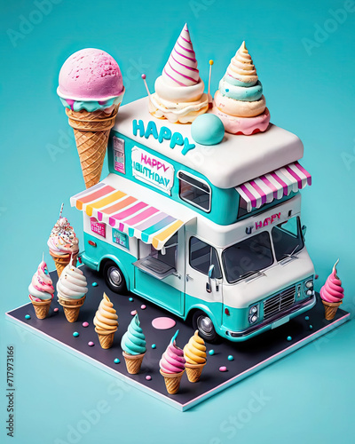 Vibrant Pop Art Illustration: Ice Cream Truck, Happy Birthday Cake, Retro-Futuristic Landscapes, Monochrome Ink with Subtle Pops of Color Gen AI photo