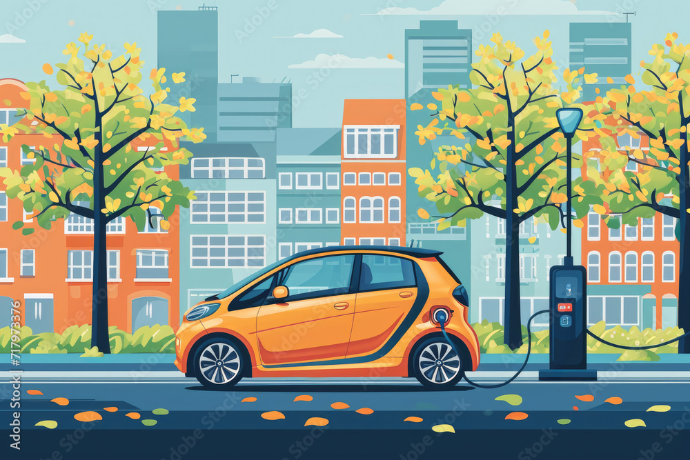 An electric vehicle charging at a station, with an  autumn cityscape