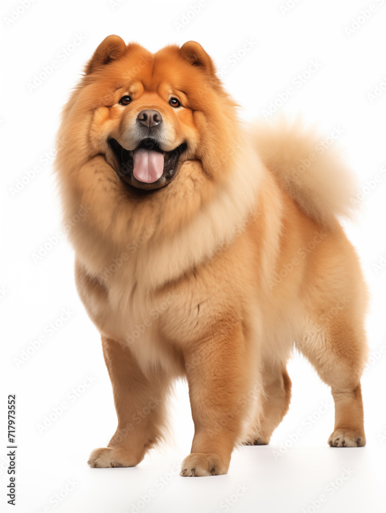 chow chow dog standing looking at camera, isolated on all white background