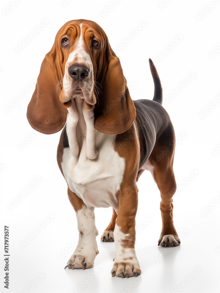 basset hound dog standing looking at camera, isolated on all white background