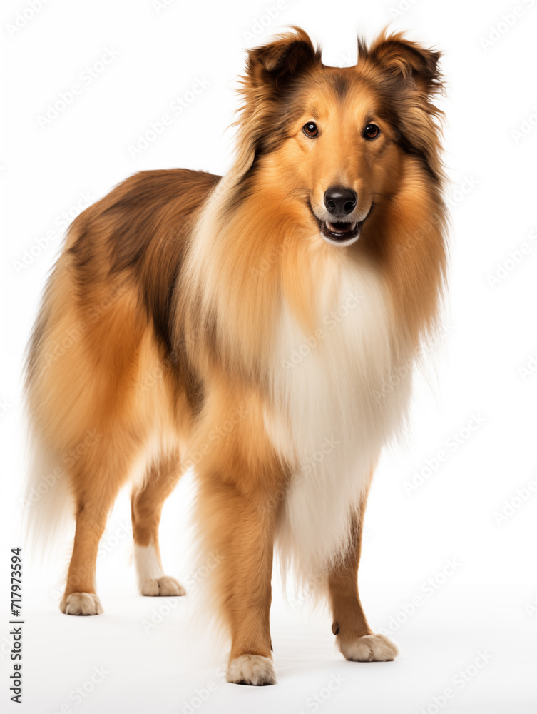 Collie dog standing looking at camera, isolated on all white background standing looking at camera, isolated on all white background