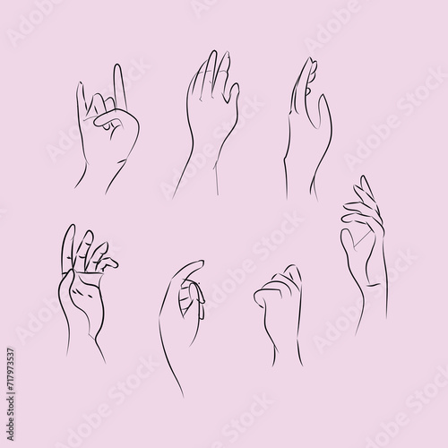 Woman hands line. Outline drawn female different position elegant beauty hands icons collection, trendy minimalistic illustration. Simple fashion logo tattoo design manicure.