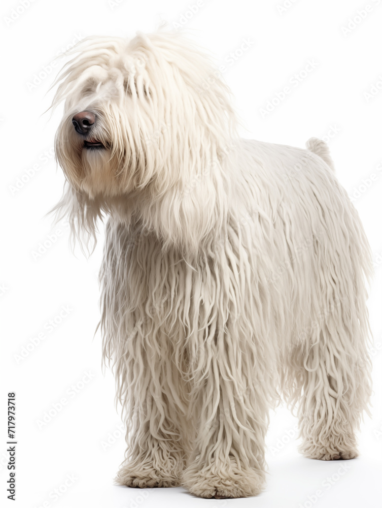 komondor dog standing looking at camera, isolated on all white background