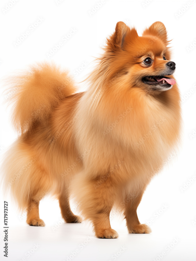 Pomerania standing looking at camera, isolated on all white background