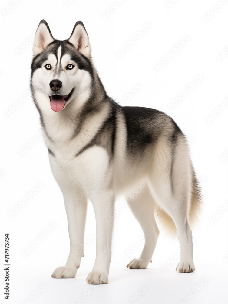 siberian husky dog standing looking at camera, isolated on all white background