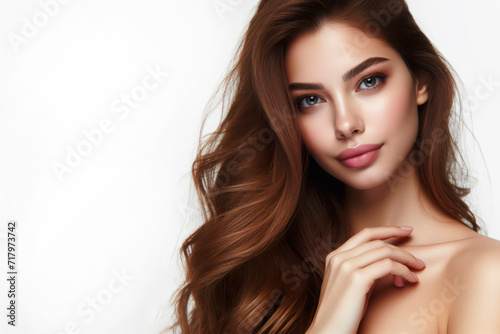 Beauty, hair care and salon with portrait of woman on solid white bright background. ai generative