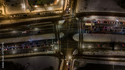 Drone photography of high intensity road in a city during winter morning rush
