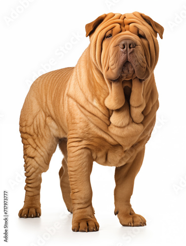 shar pei dog standing looking at camera, isolated on all white background