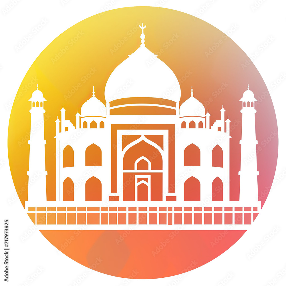 Taj mahal icon in white color and yellow gradient circular background premium vector