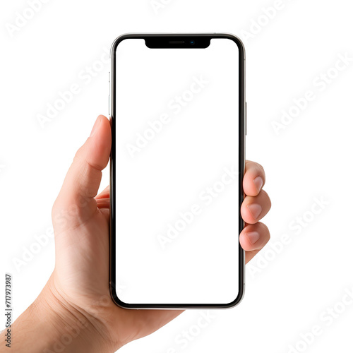 Man hand holding black smartphone isolated on white background.