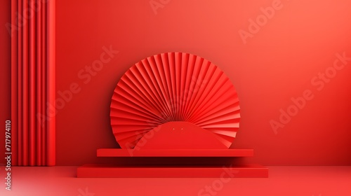 Chinese new year  Red podium display mockup on red abstract background with red hand paper fan  Stage for product minimal presentation  3d rendering.