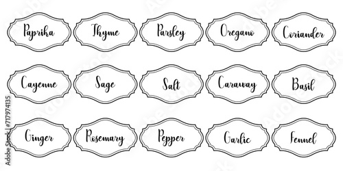 Set of vector kitchen sticker, spice pepper label, herb tag, spicy emblem, paper, salt, ginger, thyme, sugar, jar label