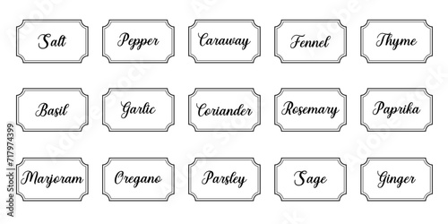 Set of vector kitchen sticker, spice pepper label, herb tag, spicy emblem, paper, salt, ginger, thyme, sugar, jar label