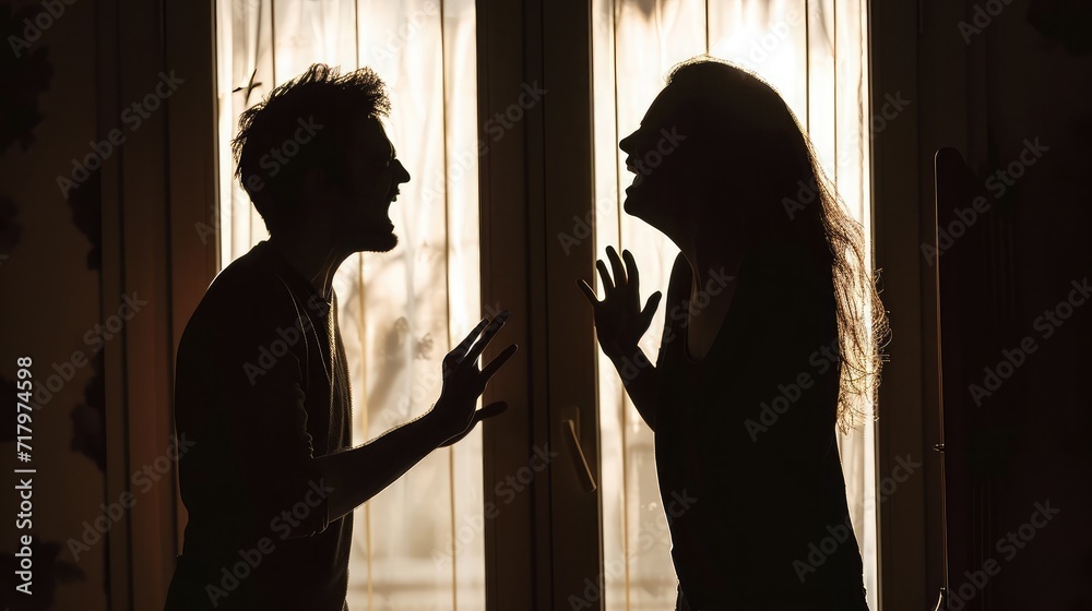 Silhouette of couple fighting each other arguing and yelling at one another Young man and woman shouting in anger Candid behind closed doors