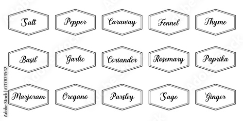 Set of vector kitchen sticker, spice pepper label, herb tag, spicy emblem, paper, salt, ginger, thyme, sugar, jar label
