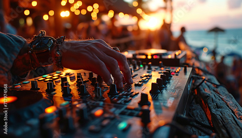 DJ is mixing music with deejay controller at outdoor summer pool or beach party - nightlife people lifestyle concept