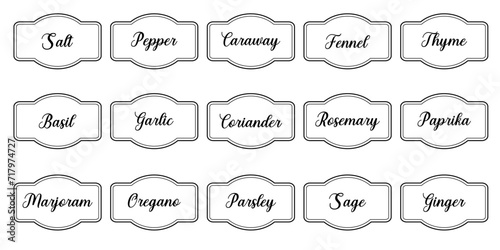 Set of vector kitchen sticker, spice pepper label, herb tag, spicy emblem, paper, salt, ginger, thyme, sugar, jar label