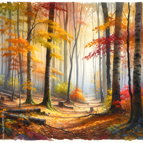 a watercolor painting depicting the atmosphere of an autumn forest. The painting should capture the essence of autumn with trees