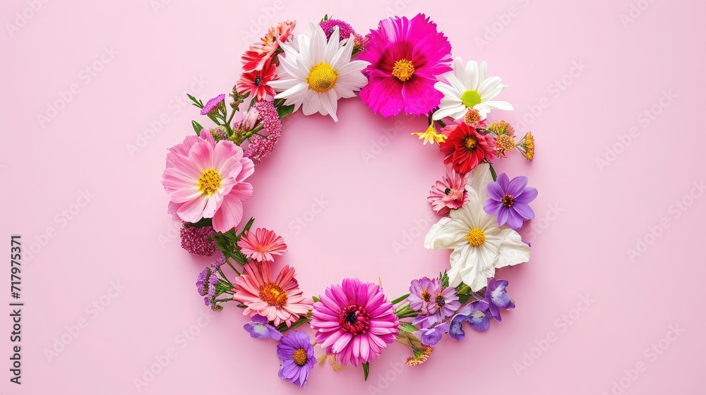 Spring wreath made of colorful flowers on pink background, place for text, holiday concept. Flat lay