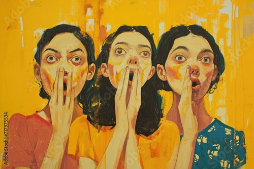 modern oil painting of three young women talking. Girlfriends gossiping