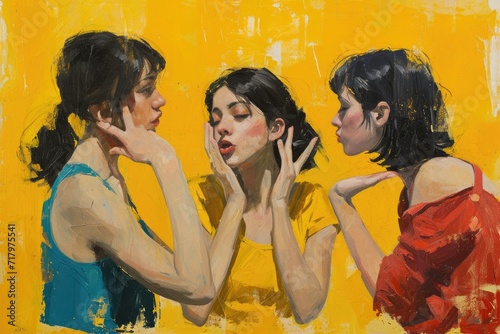 modern oil painting of three young women talking. Girlfriends gossiping