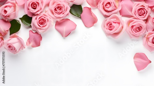 Top view of pink rose flower isolated background. empty space Wedding invitation cards. Valentine's day or mother day holiday concept  photo
