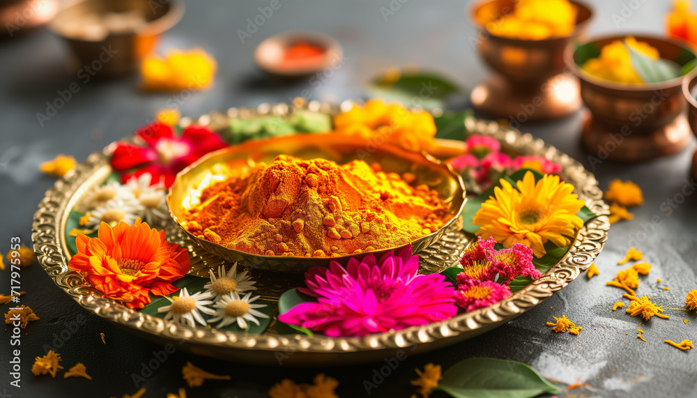 Beautifully Decorated Pooja Thali for festival celebration to worship, haldi or turmeric powder and kumkum, flowers, scented sticks in brass plate, hindu puja thali - obrazy, fototapety, plakaty 