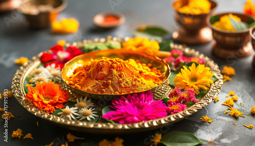 Beautifully Decorated Pooja Thali for festival celebration to worship, haldi or turmeric powder and kumkum, flowers, scented sticks in brass plate, hindu puja thali photo