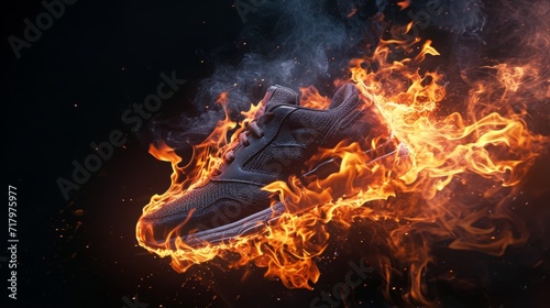 Trendy Sneaker Footwear in fire flying on the black background. Horizontal Illustration. Stylish footgear Ai Generated Illustration with Comfortable Casual Sneaker Footwear.