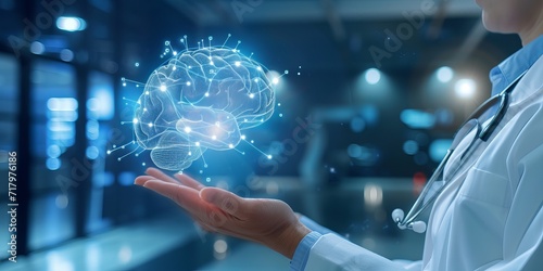 futuristic digital x-ray of a brain in doctor hand,  Ai, Technology, Human Brain, Doctors photo