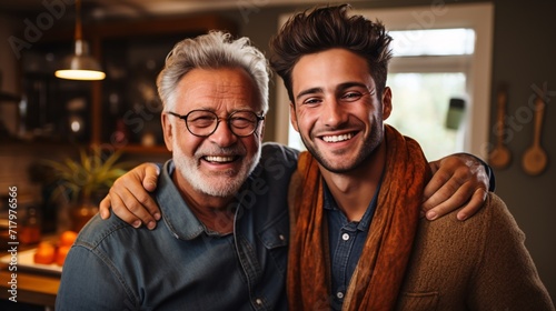 A bearded millennial embraces his elderly dad in their house, enjoying each other's company on Father's Day.