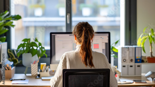 Eine junge Frau arbeitet am Laptop. Blick vom Hinten auf den Rücken.