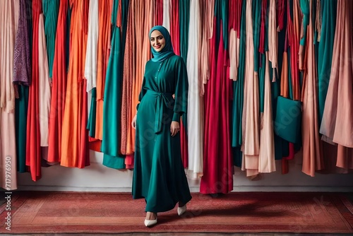 modern colorful stylish outfit photoshoot of a muslim hijab woman in dynamic shot happy and positive for modest trend