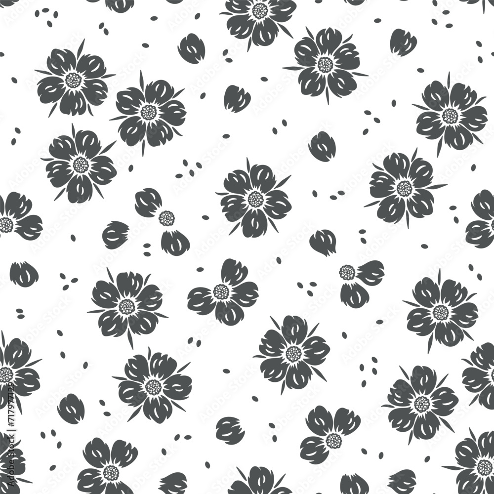 Floral Seamless black and white Pattern. Flower of Strawberry. Vector Background. Great for Textile, Wrapping Paper, Packaging etc.