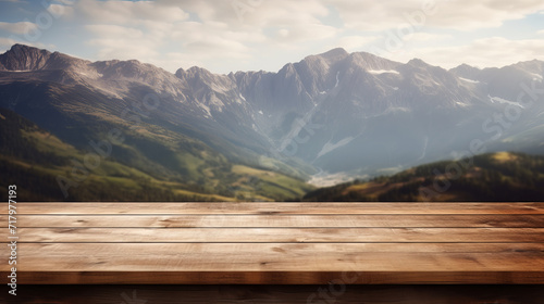 empty wooden table on a mountain background.mountain background.empty space.wooden table.beautiful sky