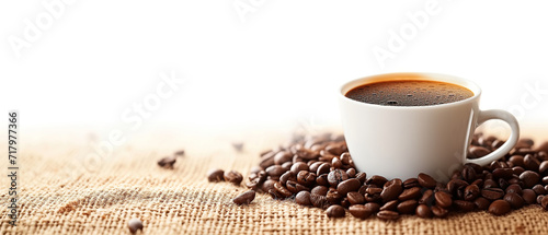 Coffee day banner with copy space  cup of coffee and beans on a white background