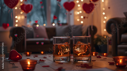 Cinematic photograph of two whisky glasses in a living room. Moonlight. Dim lights Heart shaped balloons and confeti. Valentines. Love photo